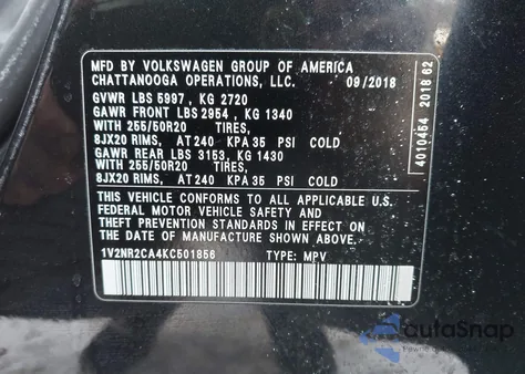 2019 Volkswagen Atlas 3.6L V6 Sel Premium z USA, uszkodzony, nr VIN 1V2NR2CA4KC501856